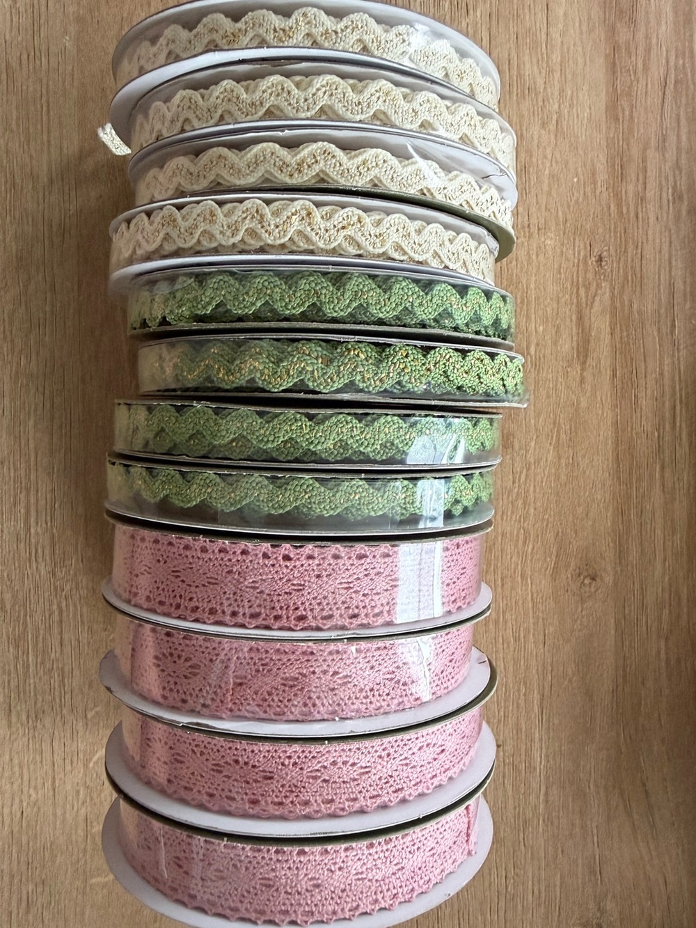 NWT Stack of 12 Lace and Ric Rac Trim Ribbon Spools — Cream, Green & Pink